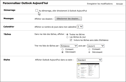 Capture d’écran du volet Personnaliser Outlook aujourd’hui dans Outlook, montrant les options disponibles pour démarrage, Messages, Calendrier, Tâches et Styles. Le curseur pointe vers la zone de case activée pour « Au démarrage, accédez directement à Outlook aujourd’hui ».
