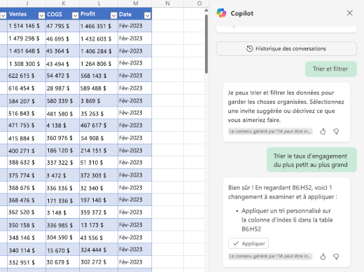 Capture d’écran montrant comment trier des données à l’aide de Copilot dans Excel.