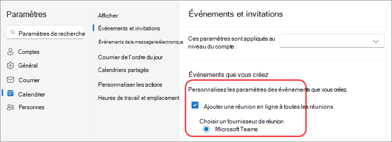 Faites de Microsoft votre fournisseur de réunion en ligne par défaut dans les paramètres du calendrier.