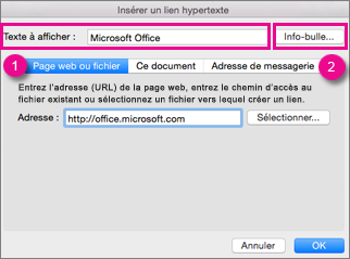 Boîte de dialogue Lien hypertexte dans Office pour Mac