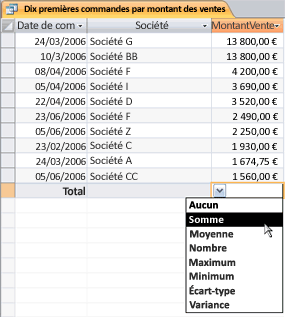 Ligne Total dans une feuille de données avec un éventail de fonctions