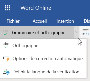 La liste d’options Grammaire et orthographe développée dans Word Online