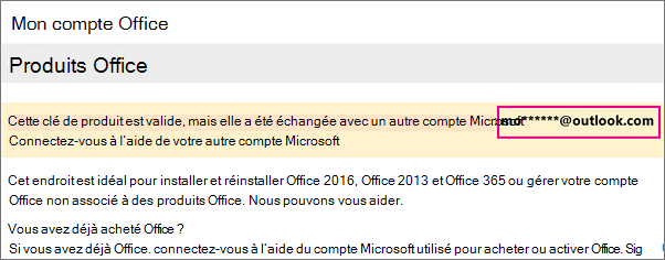 Page Mon compte Office prsentant une partie du compte Microsoft