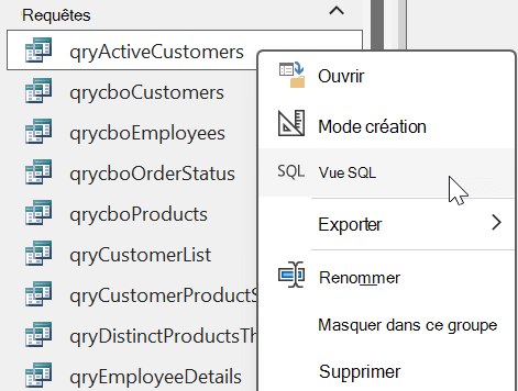 Options de menu de clic droit affichées à partir d’un objet de requête dans une base de données Access avec l’option Vue SQL sélectionnée