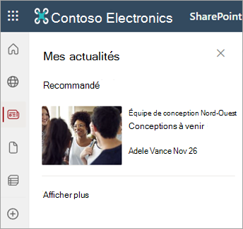 Capture d’écran montrant la section Mes actualités sur une page de site SharePoint.