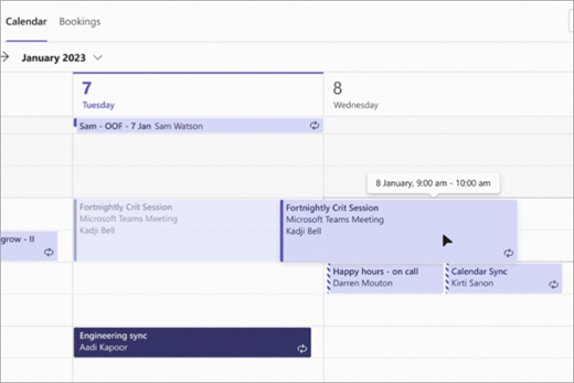 Capture d’écran du glisser-déplacer de la réunion Teams dans un nouveau créneau horaire