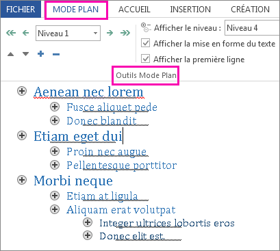Image de certains outils Mode Plan dans le menu Mode Plan avec un exemple de plan du texte lorem ipsum