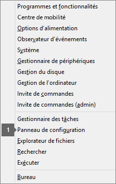 Liste des options et commandes affichées après avoir appuyé sur la touche logo Windows + X