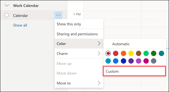 Sélection personnalisée de la couleur du calendrier Web Outlook