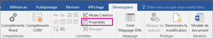 The Properties option is highlighted on the Developer tab.