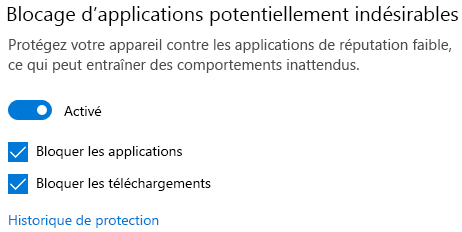 Le contrôle de blocage des applications potentiellement indésirables dans Windows 10.