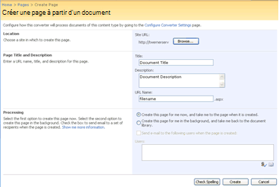 Page Créer une page à partir d’un document dans Office SharePoint Server 2007