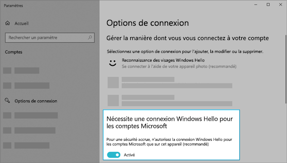 Option permettant d’utiliser Windows Hello pour vous connecter aux comptes Microsoft activée.
