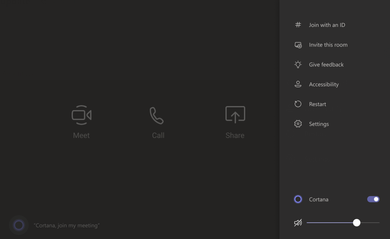 Image montrant l’écran qu’un utilisateur voit lorsqu’il rejoint une réunion Cortana dans Teams avec les options « rencontrer », « appeler » et « partager ».