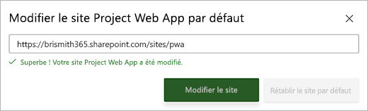 Capture d’écran de la boîte de dialogue Modifier le site PWA par défaut avec un message de réussite vert sous la zone de texte