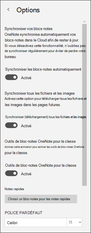 Options des outils bloc-notes pour la classe