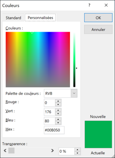 Sélecteur de couleurs dans les applications Office. Sous les champs RVB, un nouveau champ doit entrer une valeur de couleur Hex.