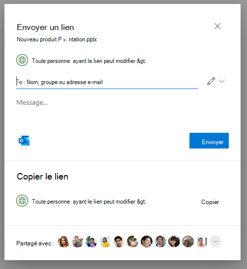 Capture d’écran de la page Lien Paramètres la fenêtre pop-up Partager dans OneDrive