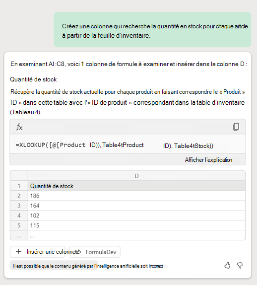 Copilot pour Excel crée une formule XLookup basée sur une invite du client demandant une colonne qui recherche les données d’inventaire dans une autre feuille.