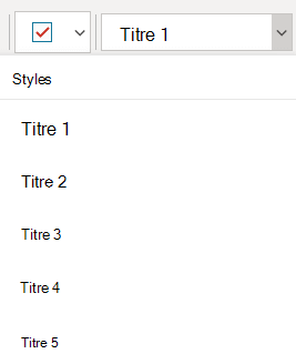 Menu Styles montrant différents styles de titre dans OneNote pour Windows 10.