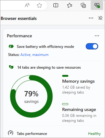 Menu Performances dans Microsoft Edge montrant les économies de mémoire.