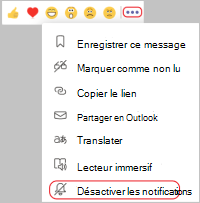 Capture d’écran du menu Autres options dans une conversation de canal. Un trait rouge entoure les paramètres de notification.