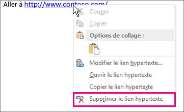 Commande Supprimer le lien hypertexte dans le menu contextuel
