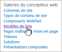 Lien modèles de liste sur la page Paramètres du site