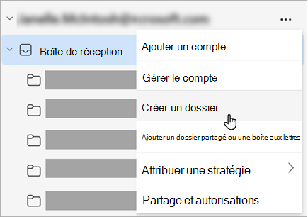 Capture d’écran de l’option Créer un dossier sélectionnée dans le menu Autres options du volet dossier