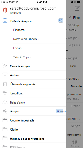 Affiche l’application Outlook avec la boîte de réception en haut de la liste et l’option Groupes en bas de la liste.