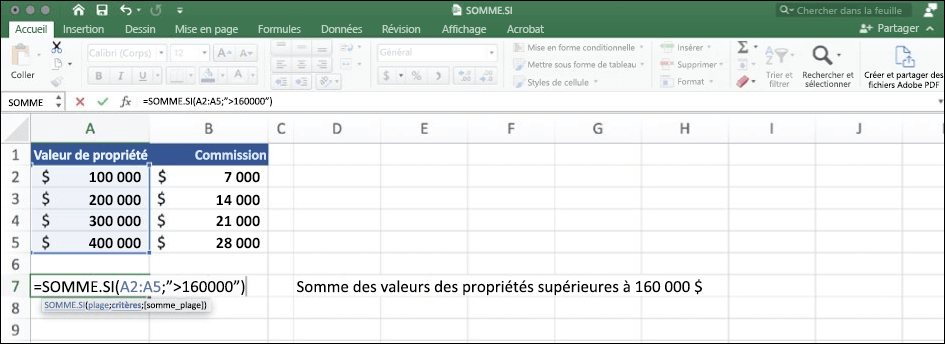 Capture d’écran des données Excel à l’aide de la fonction SUMIF