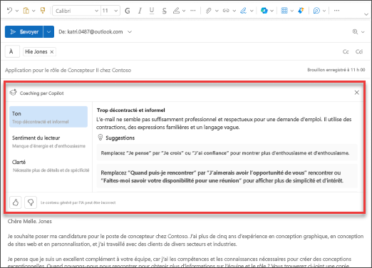 Suggestions de Copilot pour le ton, la clarté et le sentiment du lecteur dans Outlook pour mobile