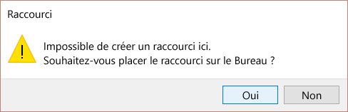 Alerte relatif au raccourci dans Windows 10