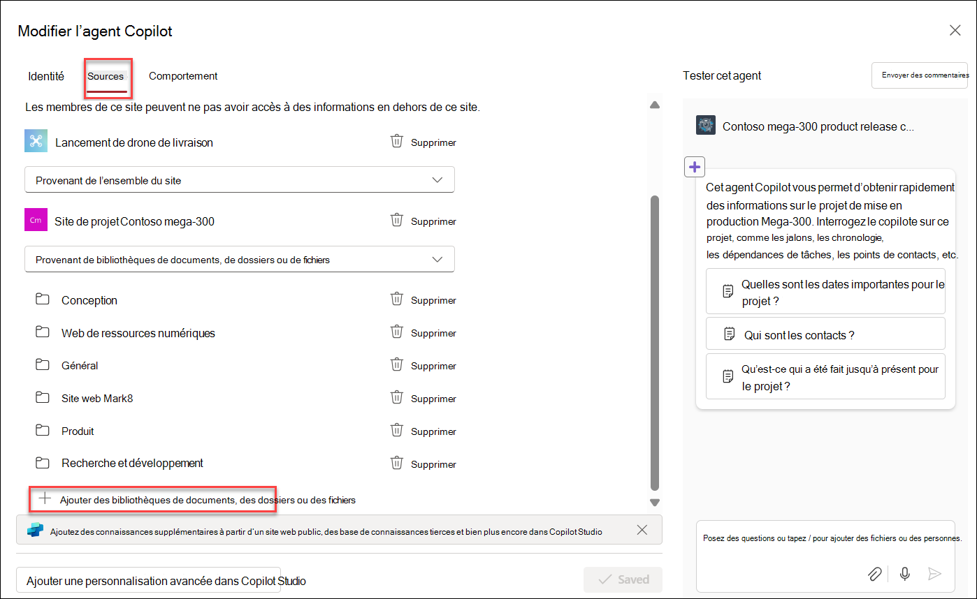 Capture d’écran de l’ajout de ressources de connaissances à l’assistant Copilot