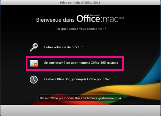 Page d’accueil de l’installation d’Office pour Mac dans laquelle vous vous connectez à un abonnement Office 365 existant.