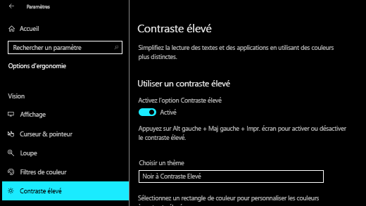 Activer le contraste élevé dans Windows 10 Paramètres’application.