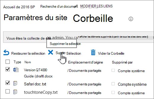 Bouton Supprimer de la page de recyclage SharePoint 2016 mis en surbrillance