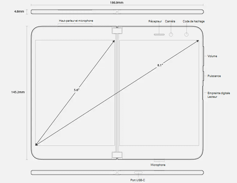 Affiche les dimensions et fonctionnalités de Surface Duo, avec l’appareil ouvert.