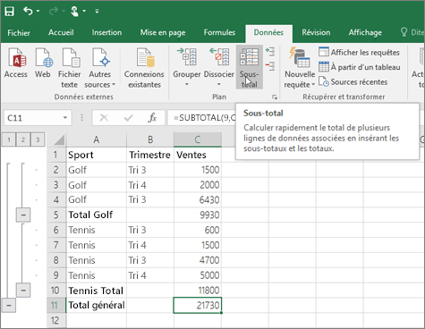 Cliquez sur Sous-total dans l’onglet Données pour ajouter une ligne de sous-total dans vos données Excel