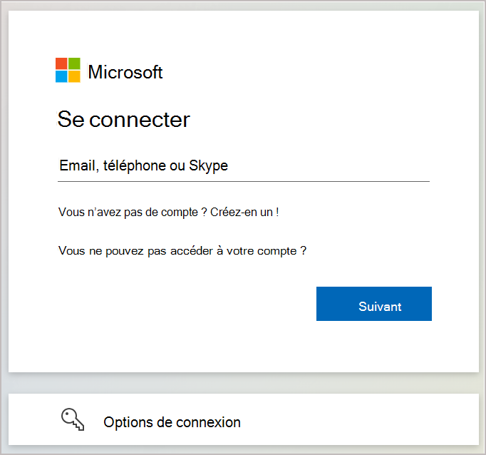 Capture d’écran montrant la boîte de dialogue de connexion dans laquelle vous entrez l’adresse e-mail ou le numéro de téléphone associé à votre compte Microsoft.