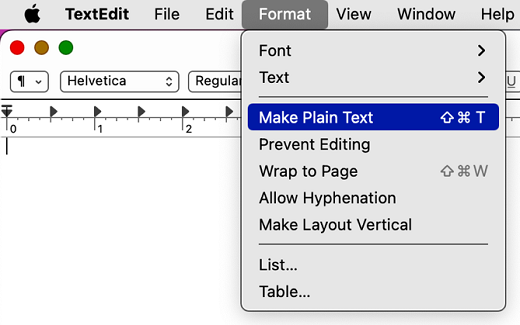 Commande Make Plain Text dans Text Edit.