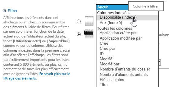 Dans SharePoint Online, sélectionnez un champ indexé