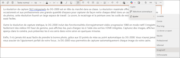 Exemple de modification du ton du texte suggéré dans copilote dans sharepoint - avant