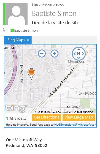 Courrier électronique avec l’application Bing Maps montrant une adresse sur la carte