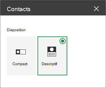 Options de disposition du composant WebPart Contacts