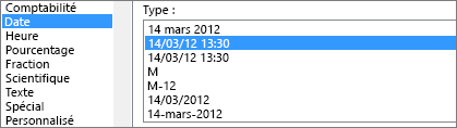 Boîte de dialogue Format de cellule, commande Date, type 14/03/12 13:30