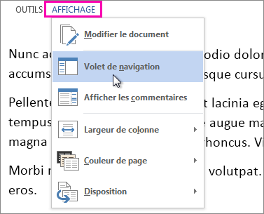 Image du menu Affichage en mode Lecture avec l’option Volet de navigation sélectionnée.