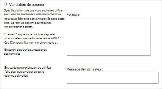 Section Validation de la boîte de dialogue Nouvelle question