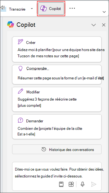 Volet Copilot dans OneNote à droite de la page.