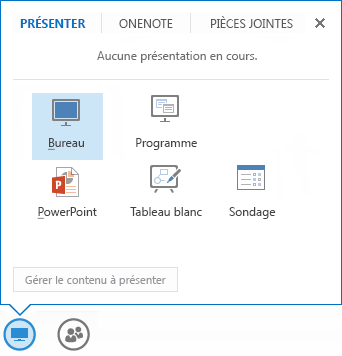 Capture d’écran du menu Partager avec l’onglet Présenter sélectionné affichant la présentation PowerPoint et d’autres options de partage